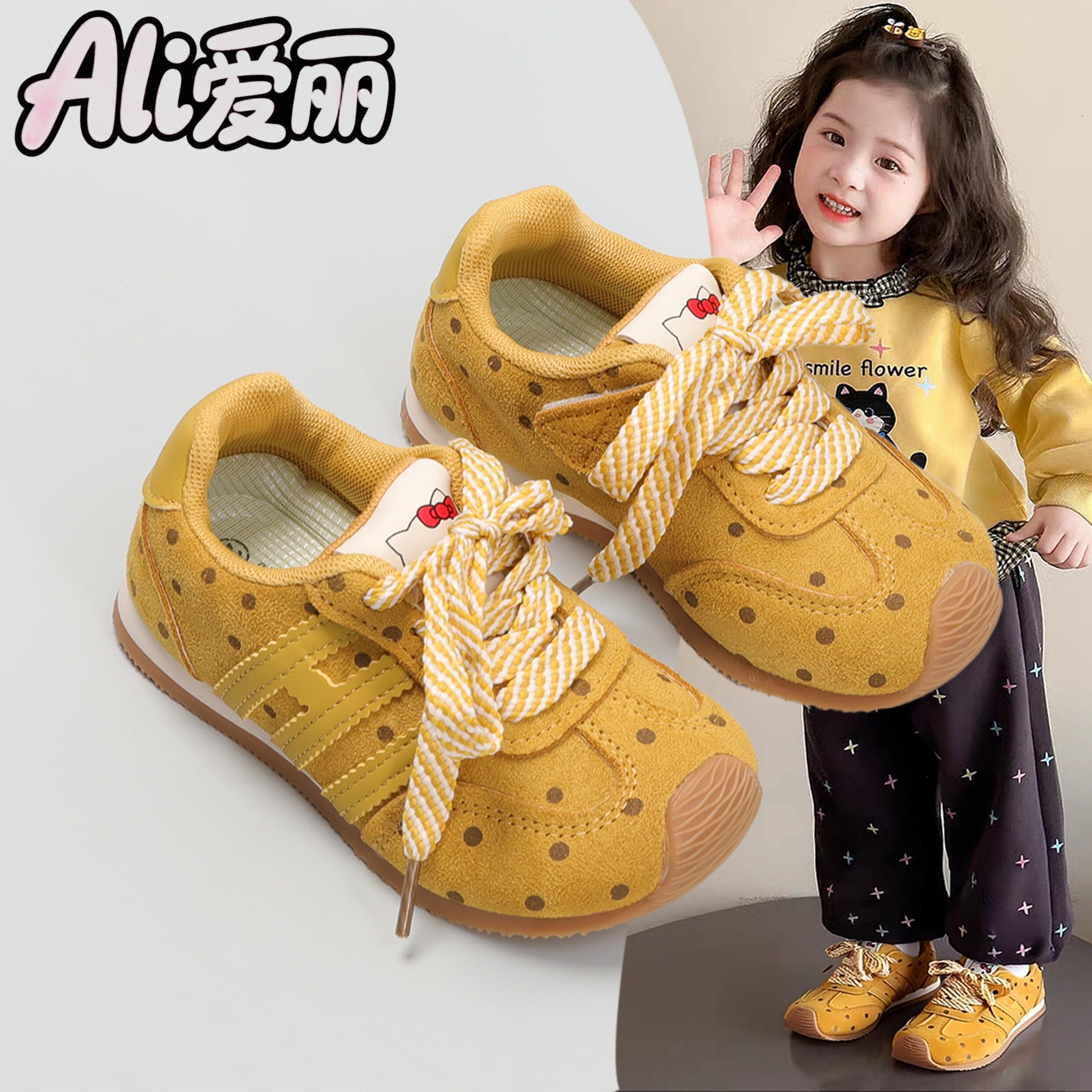 女童鞋子复古波点KT猫儿童运动鞋