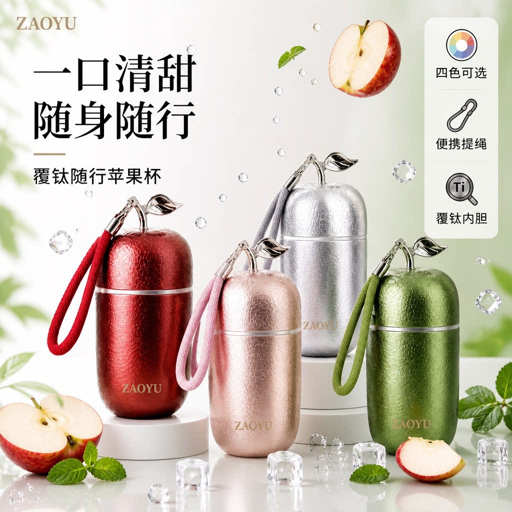覆钛苹果保温杯双饮盖学生便携