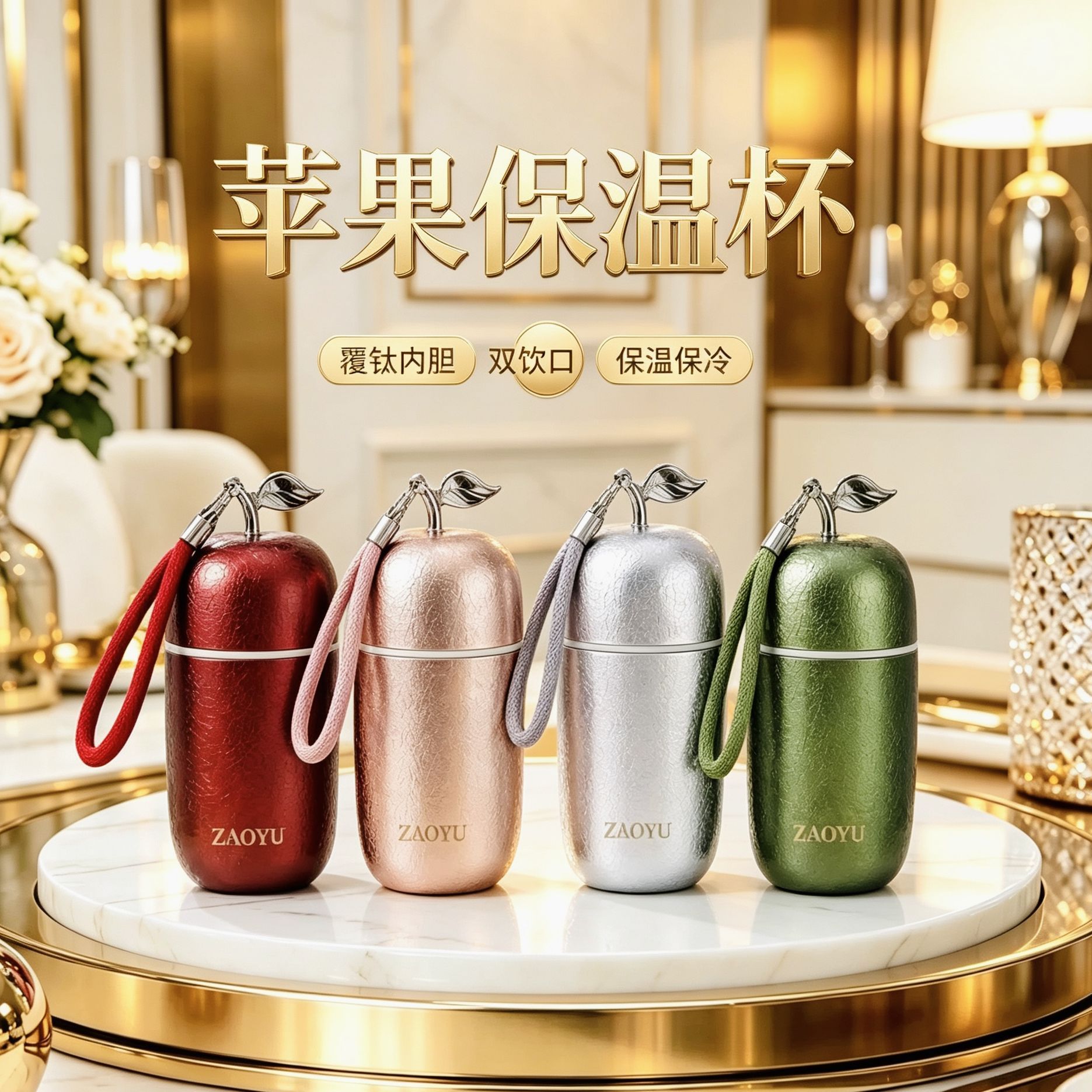 覆钛苹果保温杯双饮盖学生便携图片