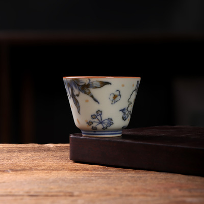 亚青釉中青花瓷多棱主人杯中式陶瓷茶具茶盏侘寂茶杯复古单品茗