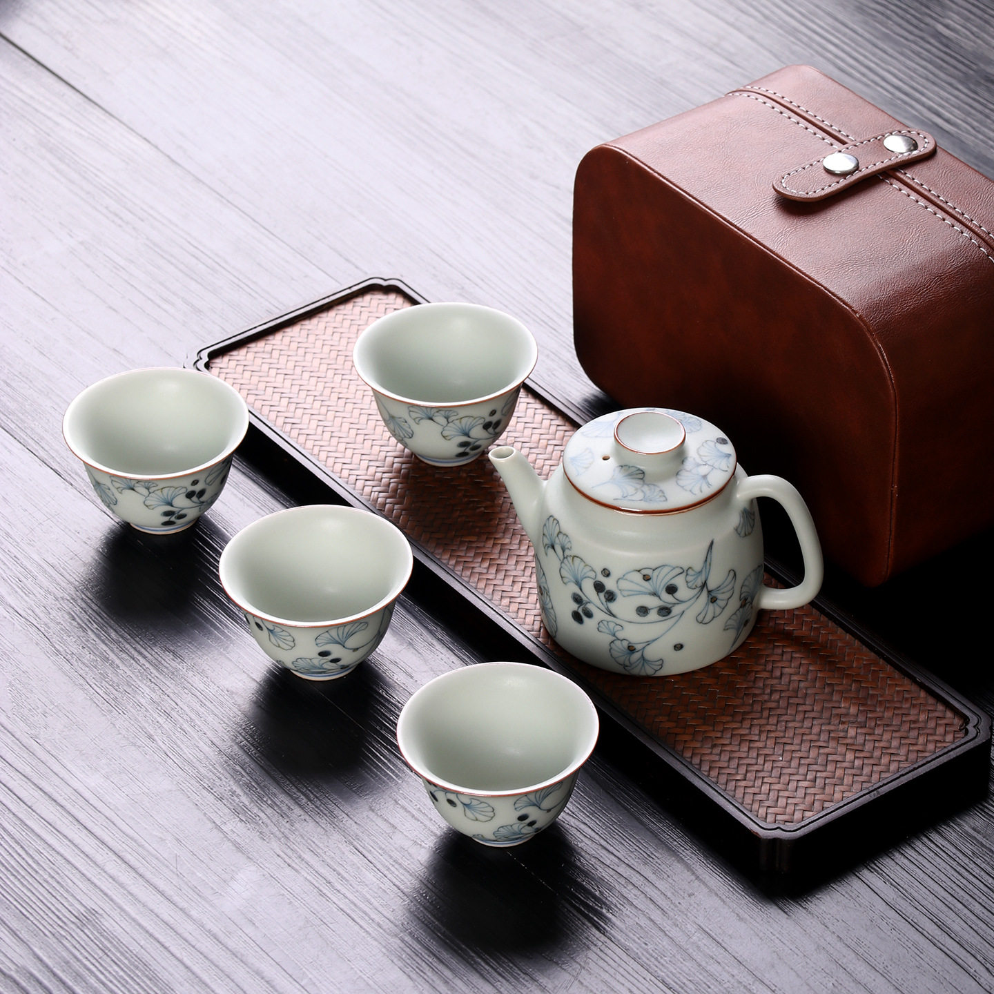 亚青釉中彩旅行茶具快客杯一壶四杯随身茶具户外露营便携茶具