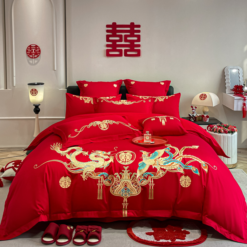 结婚喜庆红色龙凤刺绣四件套轻奢精梳棉磨毛刺绣新娘陪嫁婚庆套件
