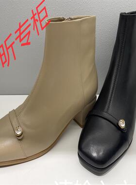 蹀愫女鞋专柜正品2024冬季粗跟方头时装靴短靴切尔西靴TA54706-11