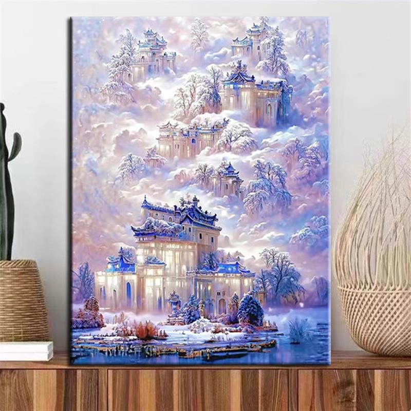 。雪国城堡钻石贴画diy手工2025新款5d满钻带框自粘水贴十字绣装