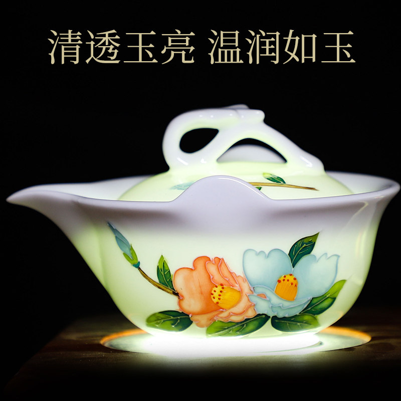 手绘白瓷三才盖碗单个大泡茶手抓快客一壶两杯陶瓷茶具套装不烫手