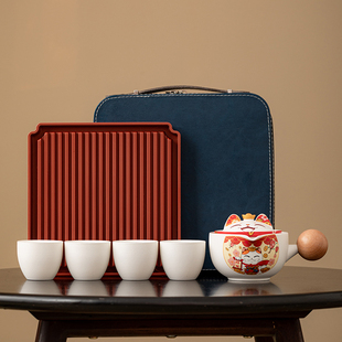 招财猫陶瓷泡茶壶便携包旅行茶具茶盘套装生日送长辈公司伴手礼物