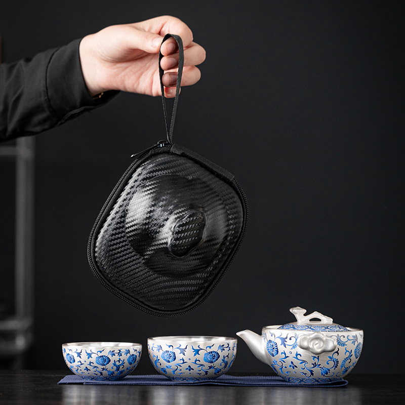 纯银陶瓷鎏银快客杯旅行茶具礼物