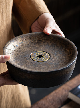 招财进宝禅意壶承日式家用储水简易干泡台茶具托盘复古圆形茶台