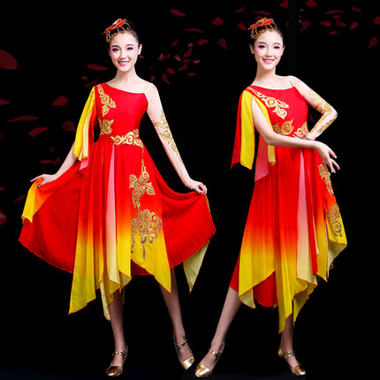 现代舞演出服舞蹈古典舞女飘逸时尚青春表演伴舞连衣裙祖国颂服装