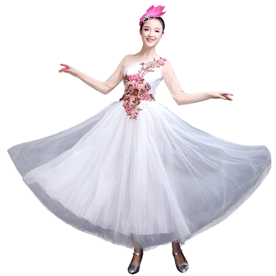 连衣裙女白色演出服开场舞大摆裙