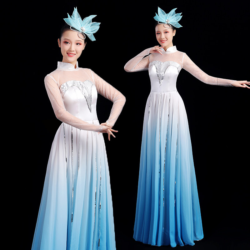 大合唱团演出服女长裙优雅舞蹈连衣裙亮片中国风合唱服装古筝成人_虎窝淘
