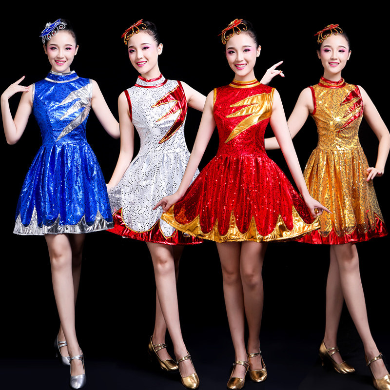 现代舞演出服表演服时尚亮片女连衣裙快板爵士舞舞蹈服装青春活力_虎窝淘