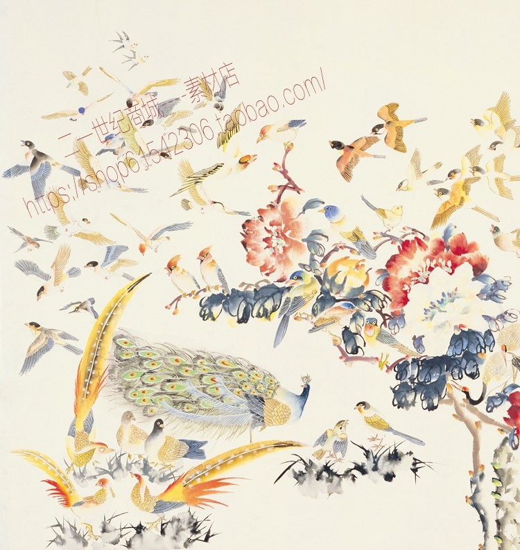 h6n吉祥百图-百鸟朝凤图百凤图水墨水彩画高清电子版图片素材