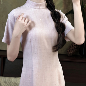 厘真 莫兰迪粉短袖旗袍裙文艺少女抗皱透气修身显瘦旗袍裙