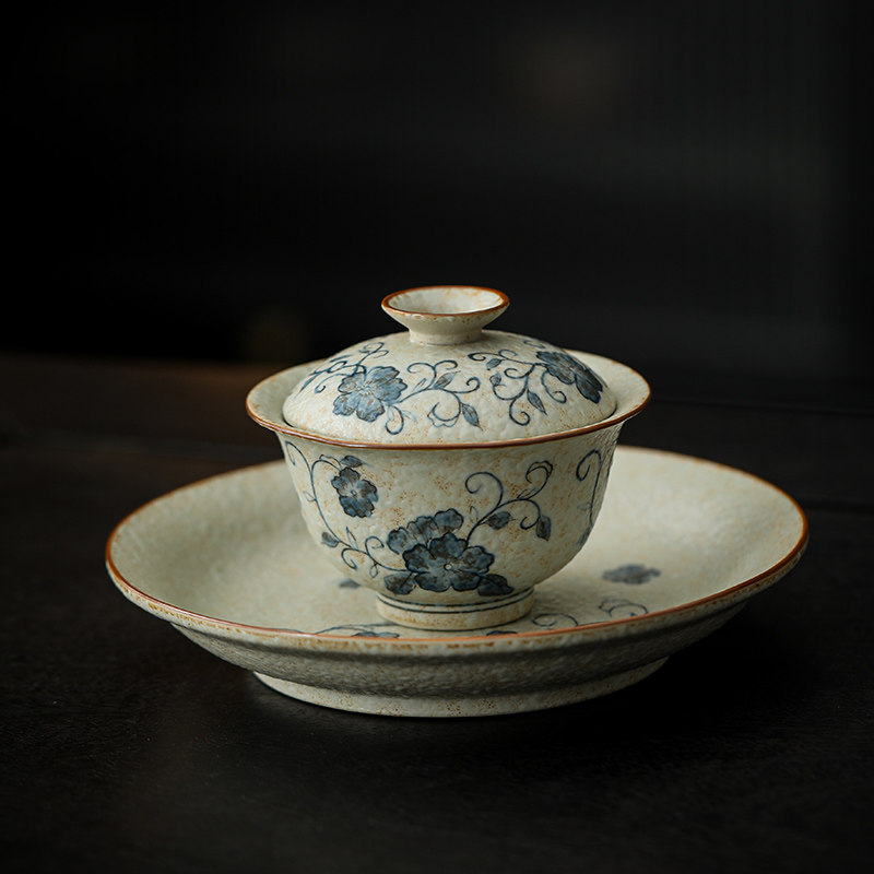 仿古青花三才盖碗手绘缠枝莲茶具家用陶瓷泡茶器防烫大容量茶碗