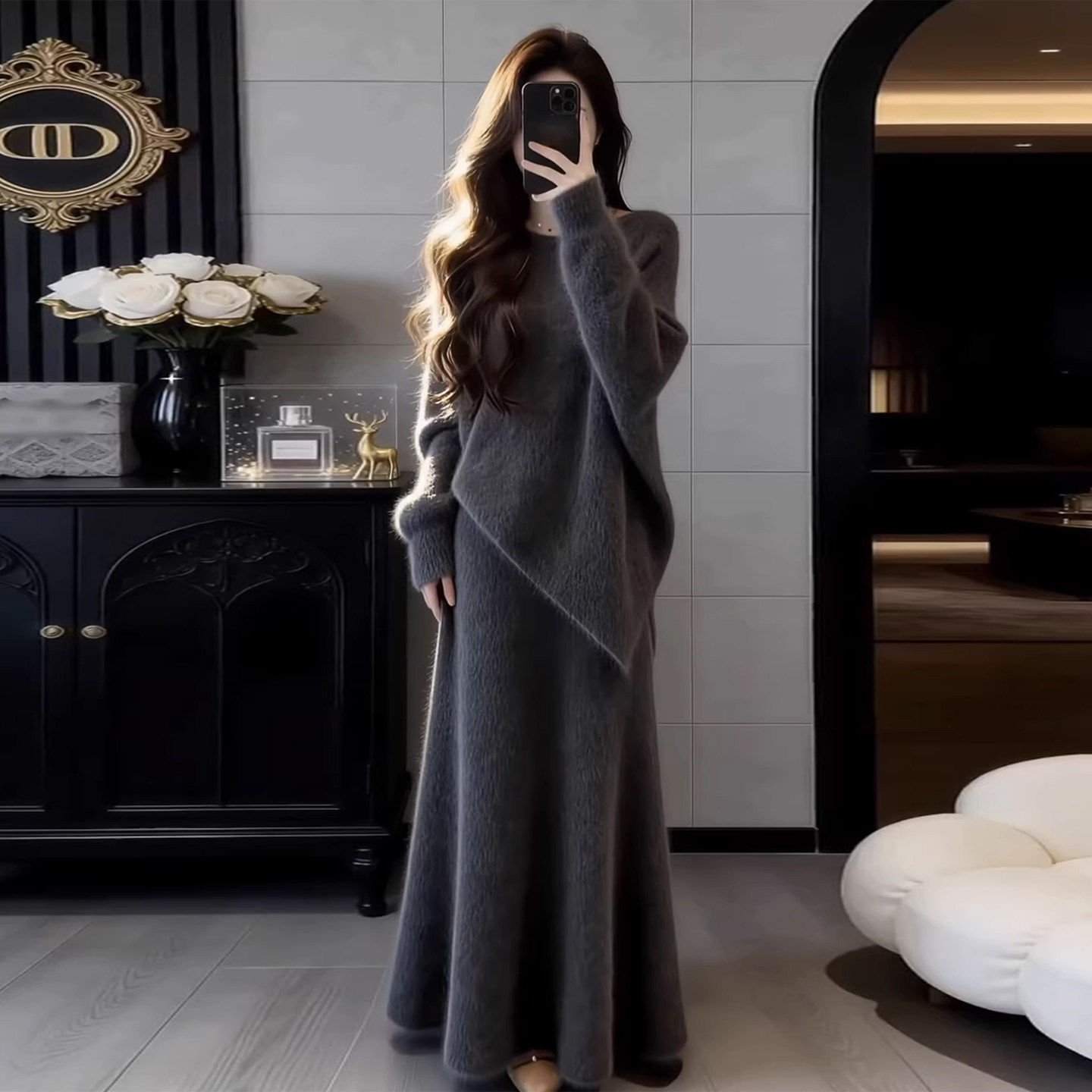 灰色毛衣针织洋装子女秋冬2026新款巨好看韩系穿搭一整套装长裙