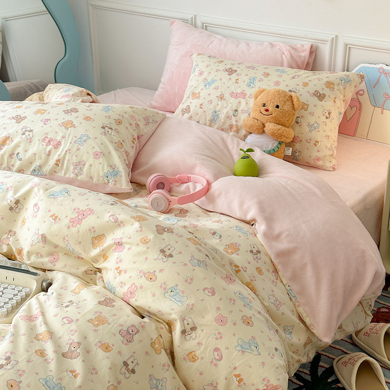 秋冬季A面纯棉B面牛奶绒保暖四件套卡通ins棉加绒加厚被套1.8