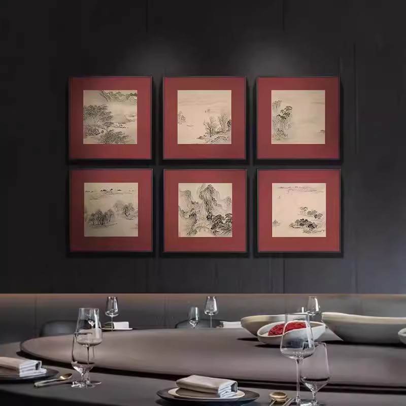 新中式酒店别墅大堂背景墙组合装饰画客厅茶室书房山水挂画玄关画图片