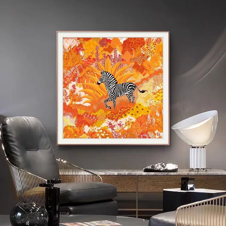 橙色系丝巾挂画高端高级飞马骏马轻奢客厅玄关装饰画沙发背景墙画
