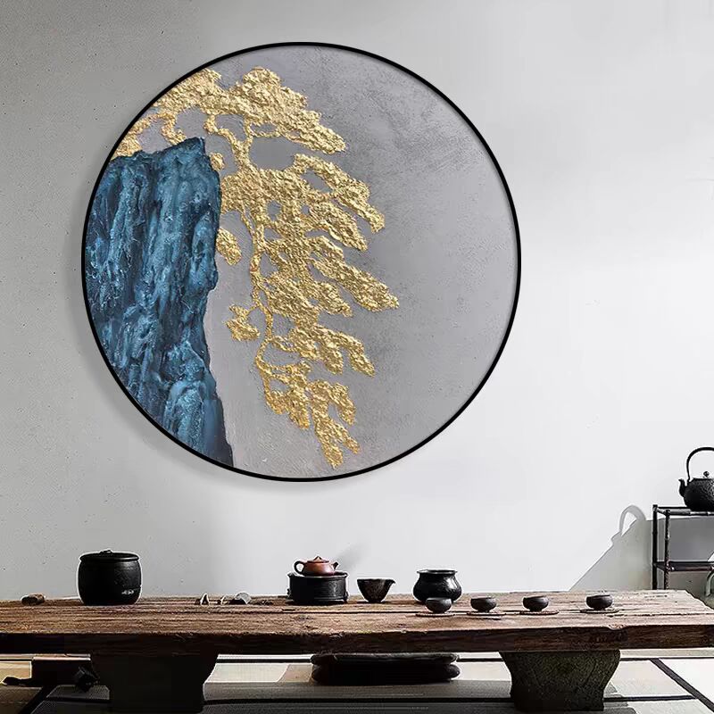 新中式装饰画迎客松客厅圆形抽象画禅意茶室壁画挂画中国风