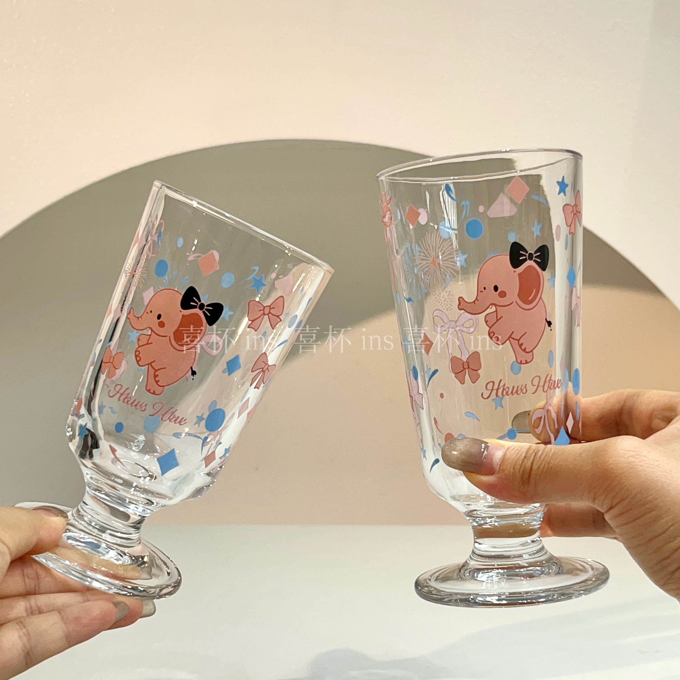 ins风韩式小粉象玻璃高脚杯