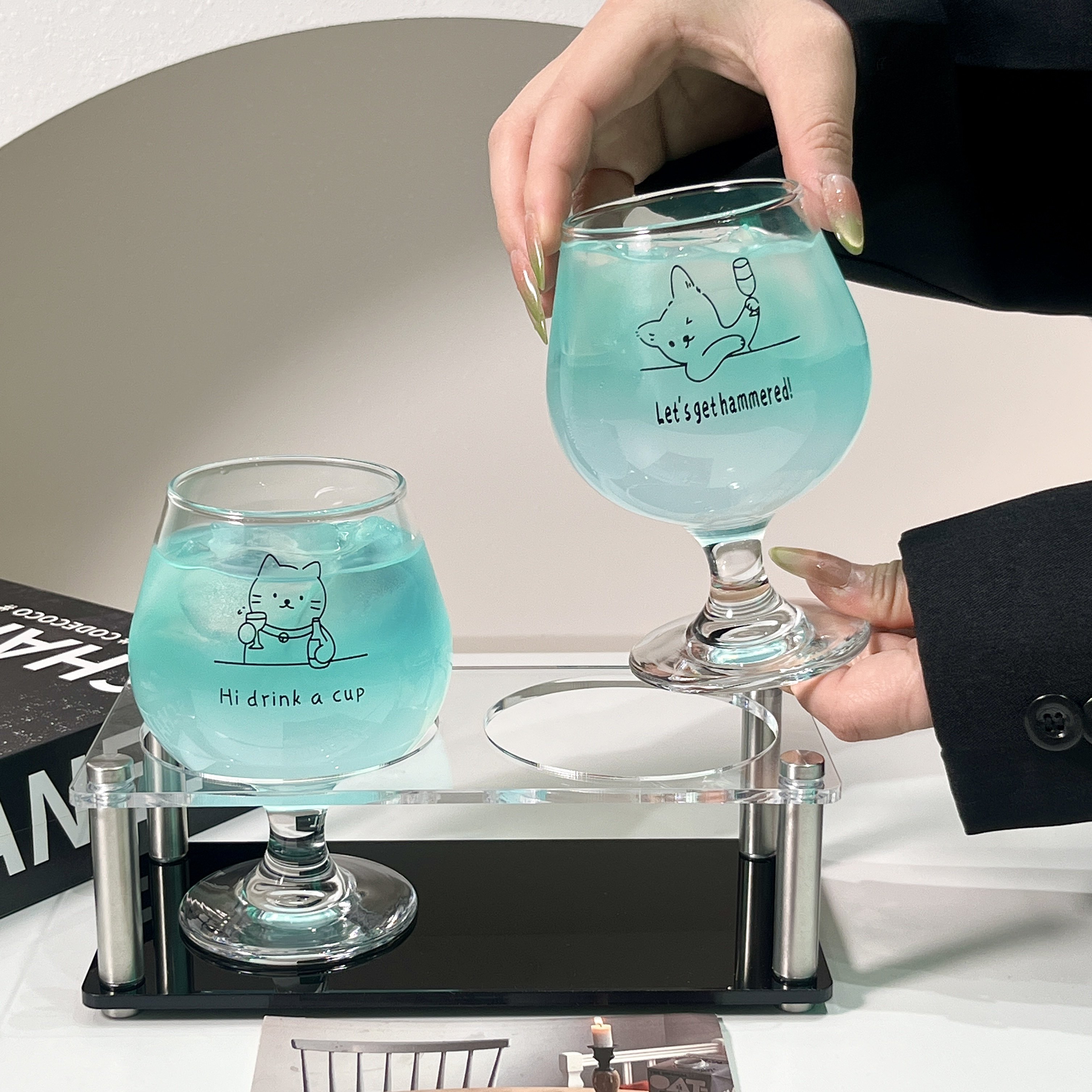 原创可爱小猫玻璃杯高脚杯甜品杯甜酒杯果汁饮料杯气泡水杯红酒杯