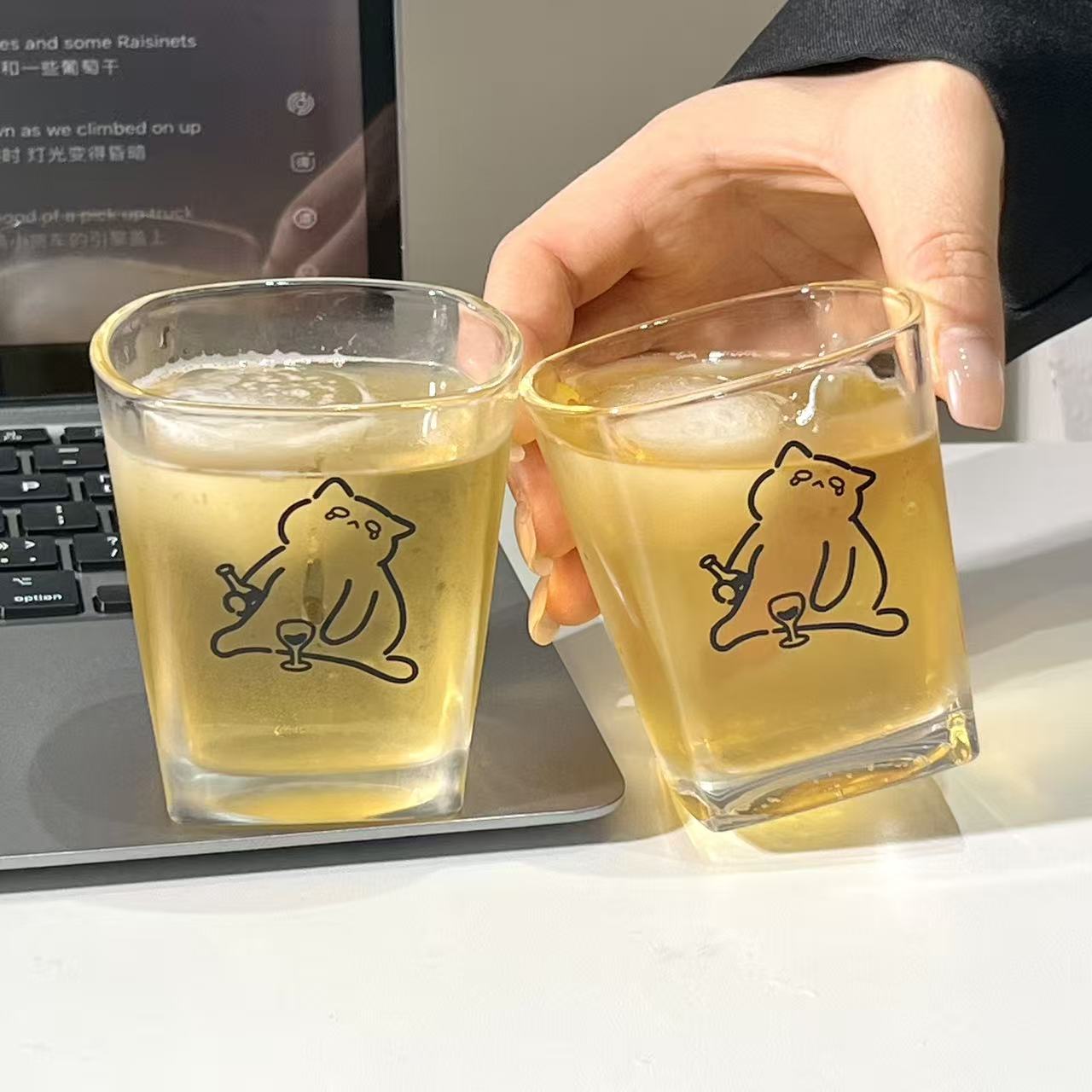 可爱买醉小猫四方玻璃杯2只装
