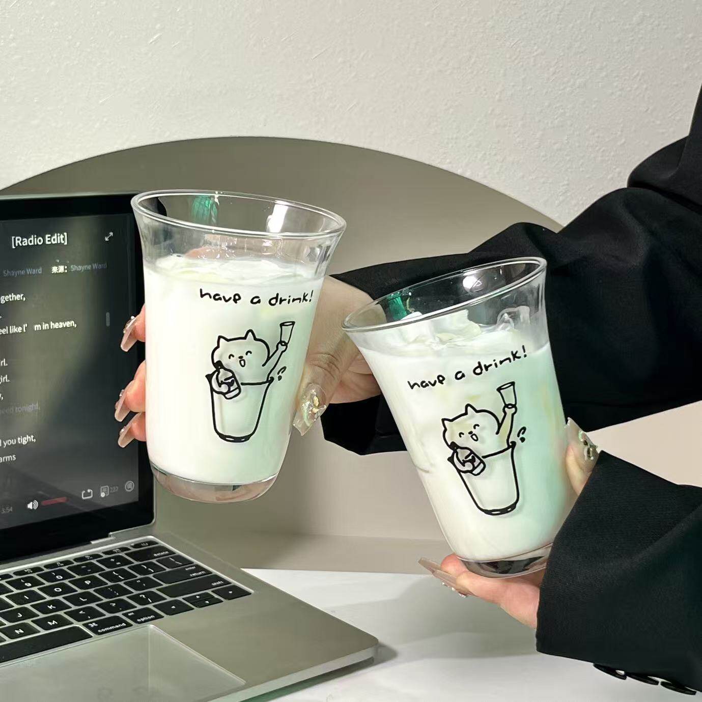ins风网红创意小猫玻璃杯果汁饮料啤酒杯个性咖啡冷饮杯鸡尾酒杯