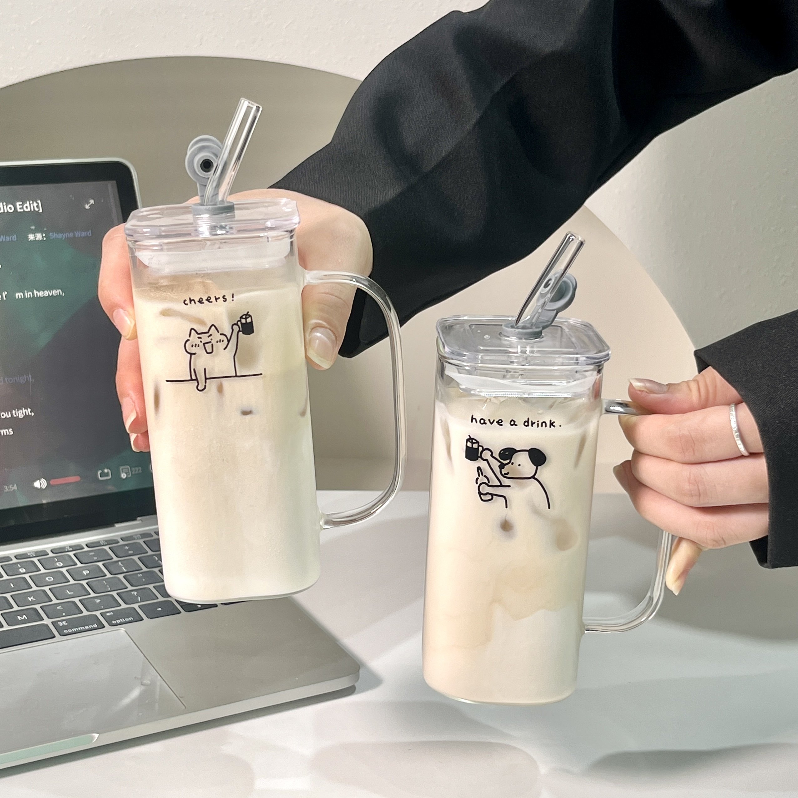 原创四方杯小猫ins风吸管水杯牛奶杯玻璃杯美式咖啡杯果汁饮料杯