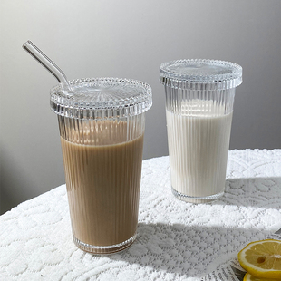 ins风简约竖条纹带盖吸管杯高颜值水杯牛奶咖啡杯饮料杯冰咖啡杯
