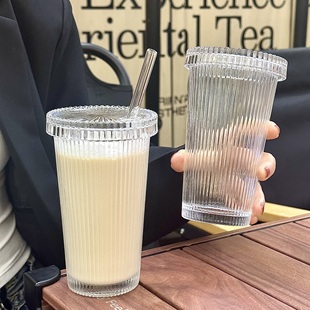 简约竖条纹带盖吸管杯 ins高颜值牛奶杯子冰咖啡杯饮料杯玻璃水杯