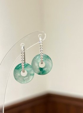 纯银S925国风非洲翠冰飘花甜甜圈耳环中式玉盘圆珠轻奢精致百搭