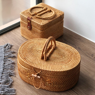 越南手工藤编收纳箱茶具零食收纳盒户外家用便携手提带盖桌面