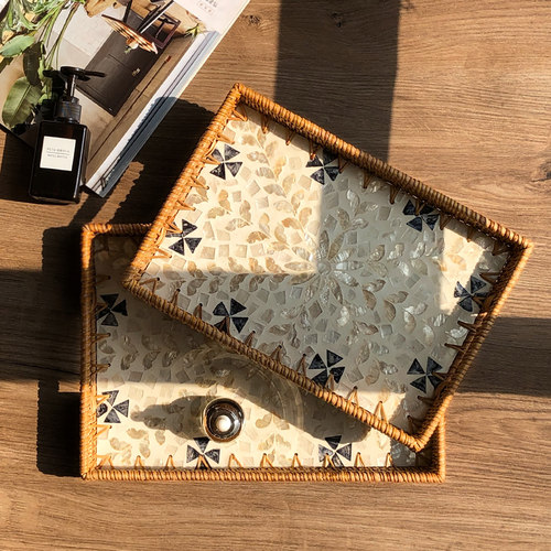 法式轻奢高档天然越南藤编贝壳托盘家用客厅茶几茶盘收纳水果盘子