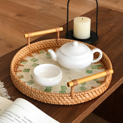 手工藤编水果盘餐盘点心盘客厅茶几茶盘茶点零食收纳盘子贝壳托盘