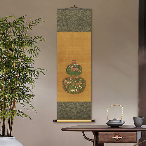 元代陈琳葫芦花瓶图中式客厅书房卷轴挂画茶室餐厅过道装饰画