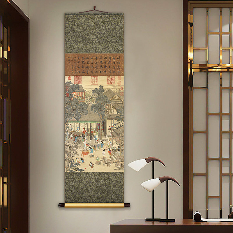 岁朝欢庆图中式卷轴挂画餐厅书房复古装饰画国画竖版玄关过道壁画