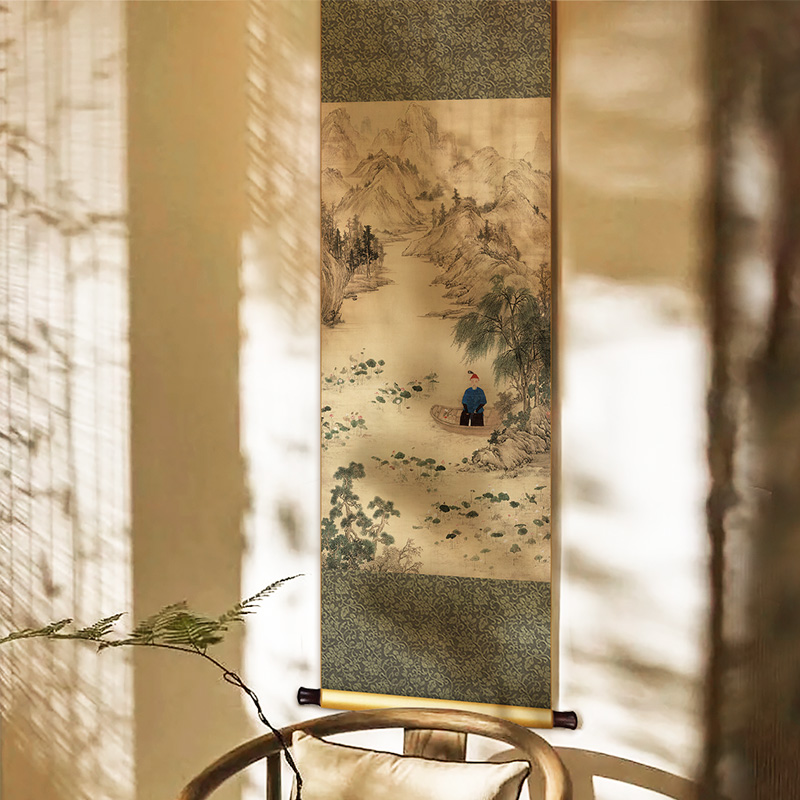 纪恩图新中式书房茶室复古装饰画货郎图竖版客厅玄关山水人物挂画