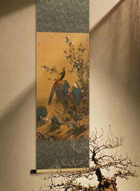 郎世宁锦春图中式书房茶室仿古装饰画张舜咨柏鹰图餐厅玄关墙壁画