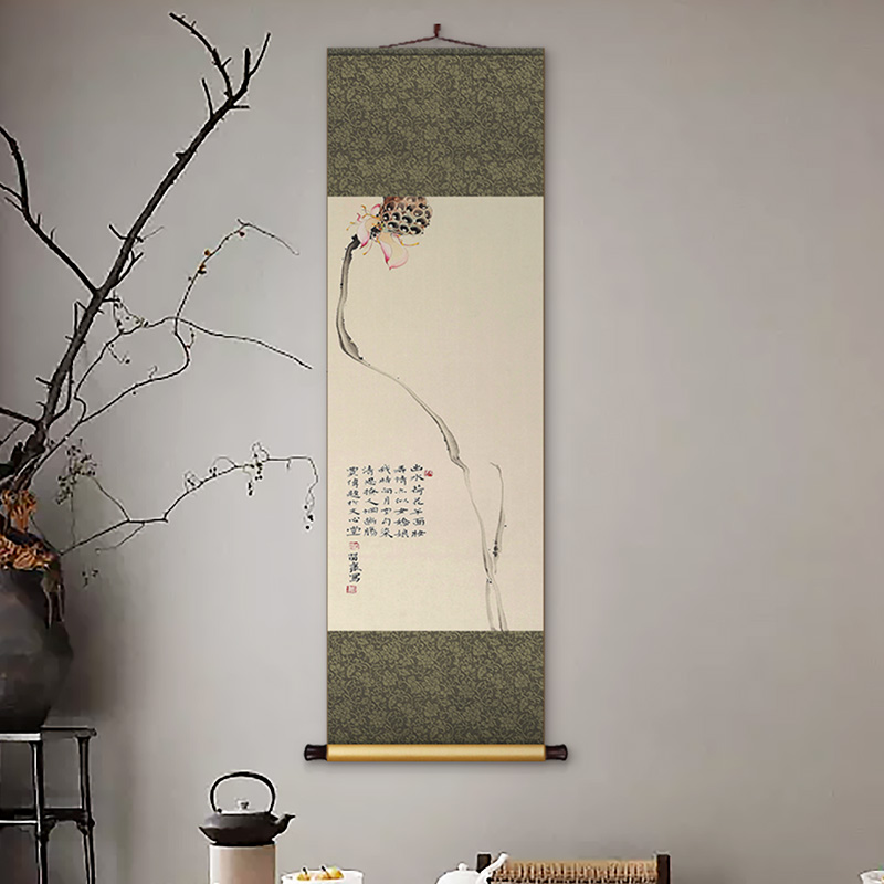 禅意新中式丝绸卷轴挂画客厅书房荷花装饰画餐厅玄关茶室背景墙画图片