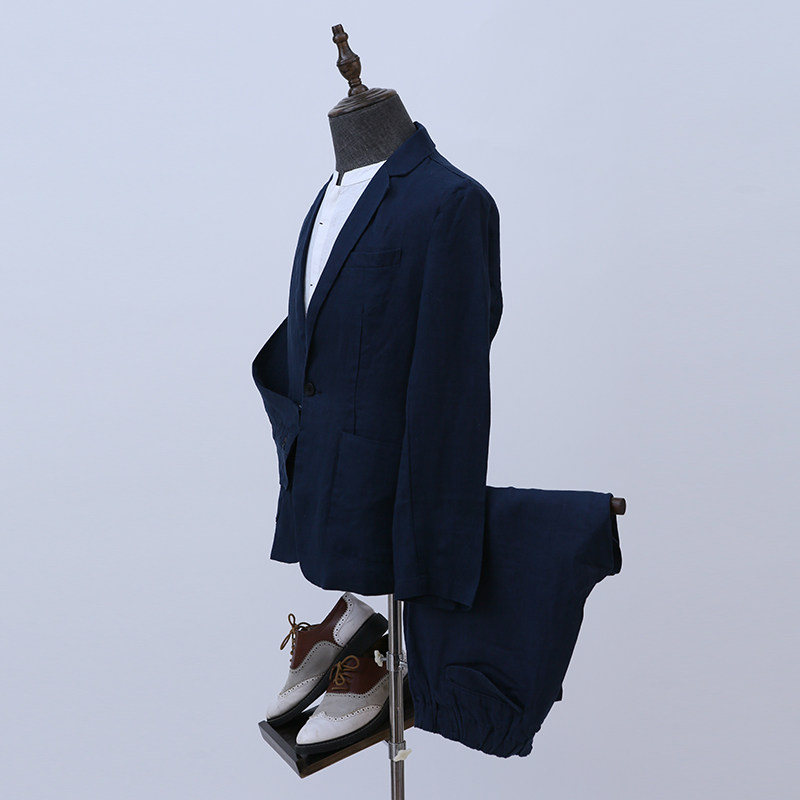 亚麻休闲西服套装男大码麻料两件套夏季薄款棉麻宽松小西装外套男