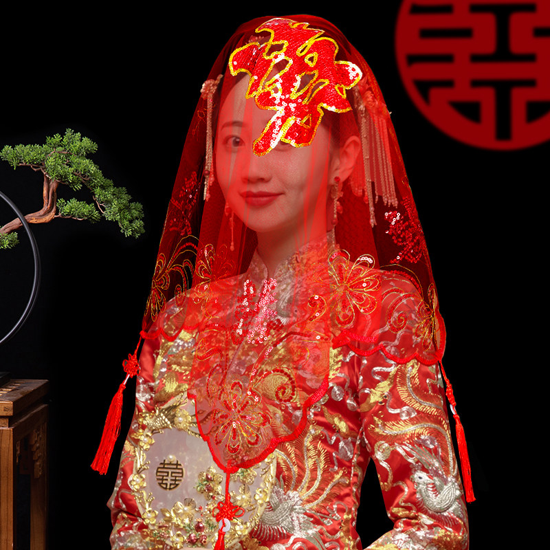 新娘红盖头结婚苏绣半透明头纱2026秀禾服喜帕中式婚礼红色蒙头巾