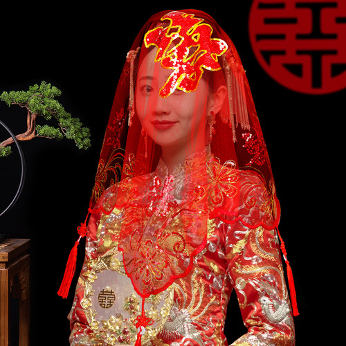 新娘结婚红纱透明盖头