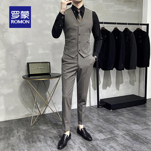 罗蒙条纹男士马甲套装西装修身马夹英伦休闲工装结婚伴郎服兄弟装