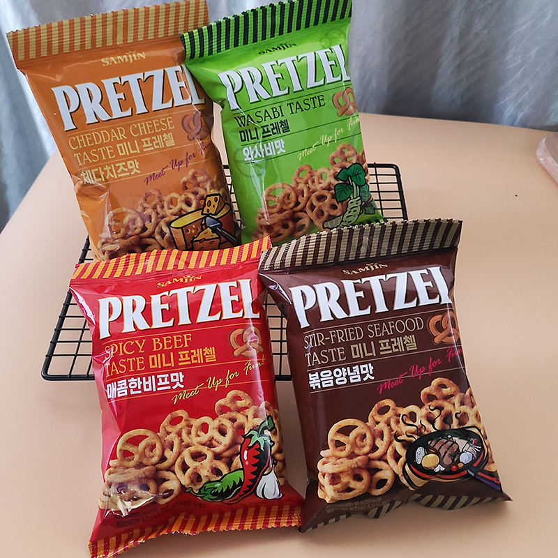包邮韩国进口零食SAMJIN 切达芝士 芥末海鲜麻辣牛肉味蝴蝶卷饼干