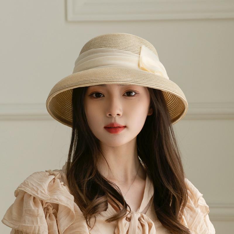 【精品】春夏赫本欧根纱蝴蝶结草帽女沙滩帽法式复古大檐渔夫帽可