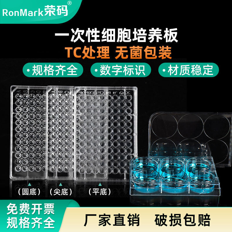 荣码一次性塑料细胞培养板实验室细菌细胞培养皿TC处理平底尖底带盖灭菌6孔 12孔 24孔 48孔 96孔