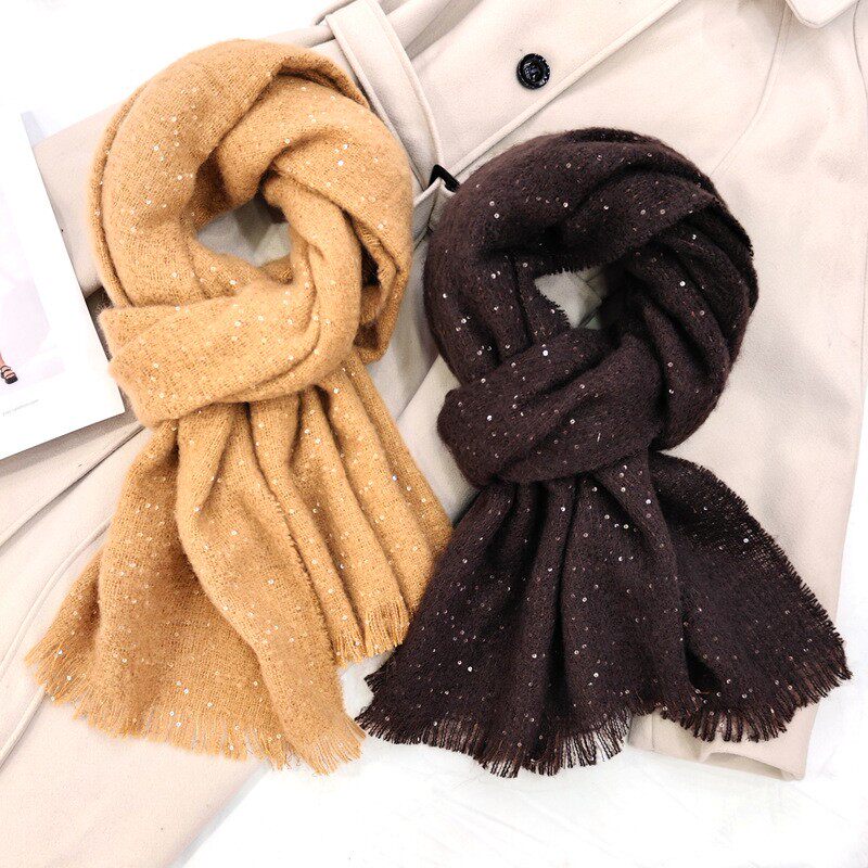 跨境欧美亮片仿羊绒围巾保暖流苏纯色针织围脖秋冬保暖厚款大披肩