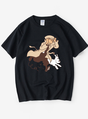 丁丁历险记tintin Adventure卡通动漫周边T恤短袖青少年衣服男女