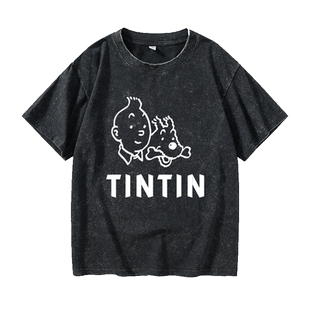 欧美动漫丁丁历险记 亭亭历险记T恤短袖休闲衣服女男圆领大码宽松